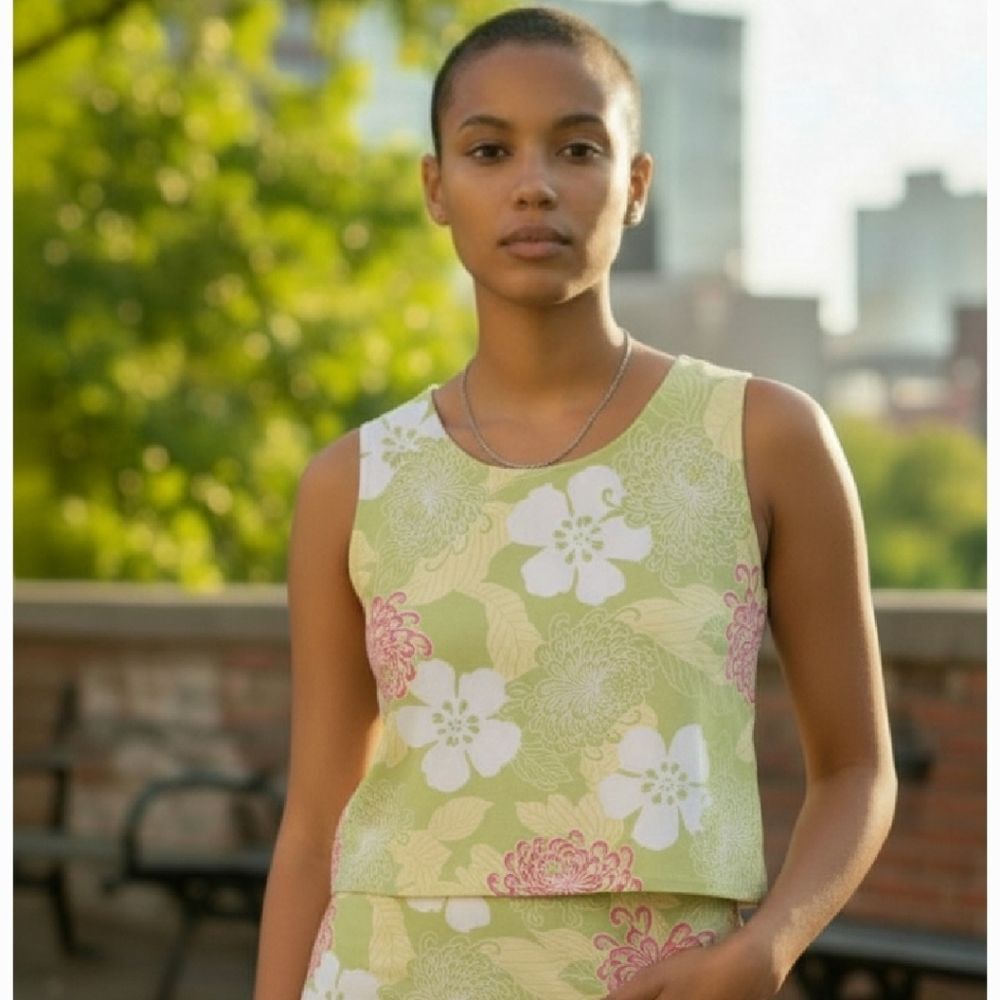 90s Floral Green and Pink Sleeveless Top and Skirt Set